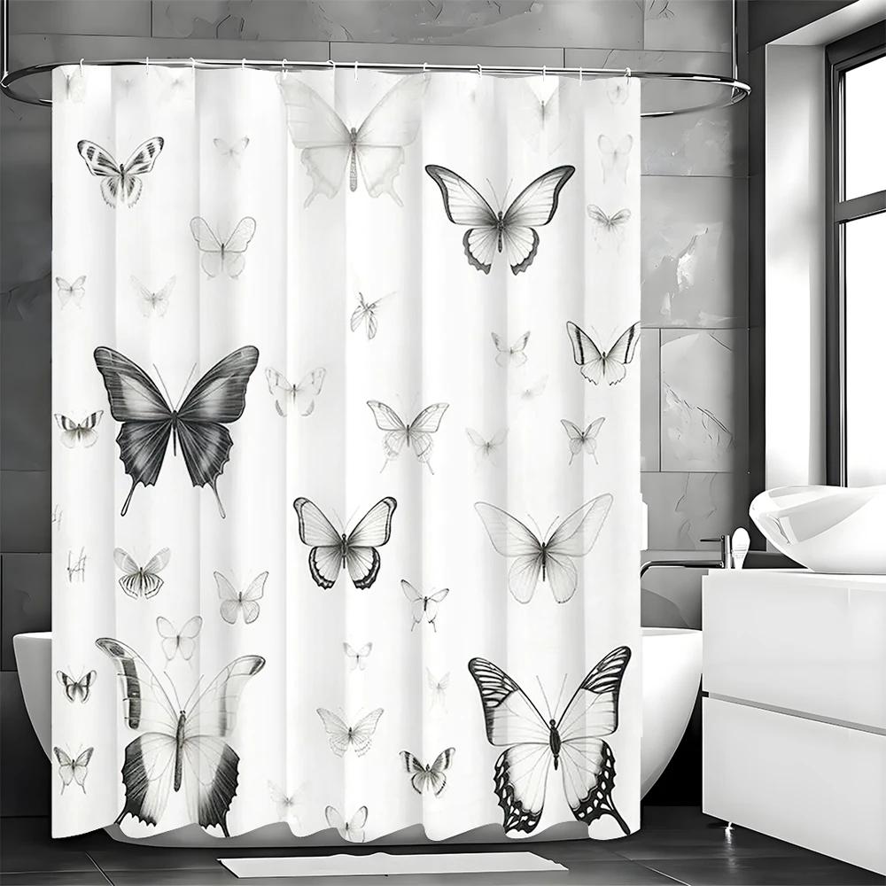 Black and White Butterfly Shower Curtain, Bathroom Decorative Shower Curtain, Waterproof Shower Curtain with Hooks