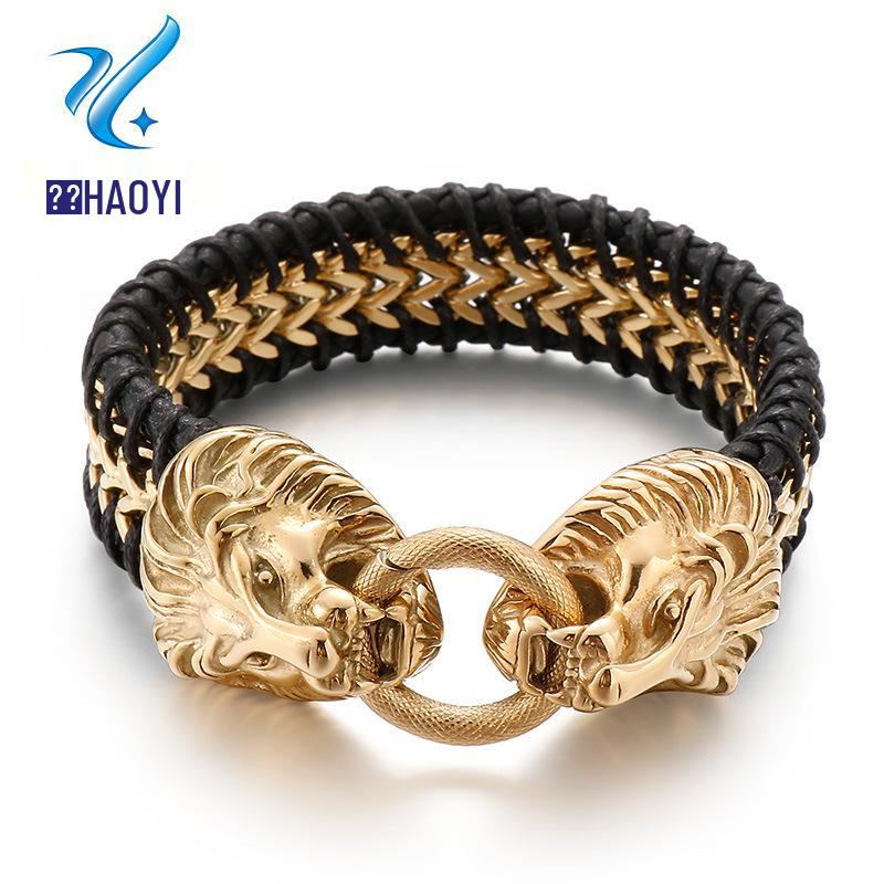 

Men s Punk Cowhide & Titanium Steel Lion Head Bracelet