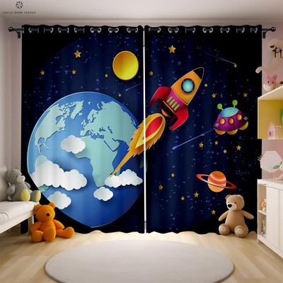 Kreslené závěsy s potiskem vesmírného astronauta pro děti, dekorace dětského pokoje, 100% polyester, domácí dekorace, roztomilé, 2 ks