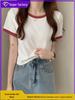 Women's Color Block Round Neck Slim Fit T-shirt - Korean Style Summer Base Layer