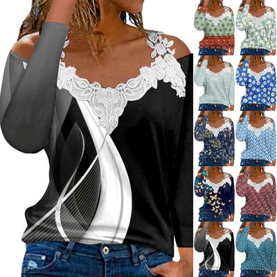 Fashionable Lace V-neck Pullover Long Sleeve Striped Print Top Solid Color Casual T-shirt