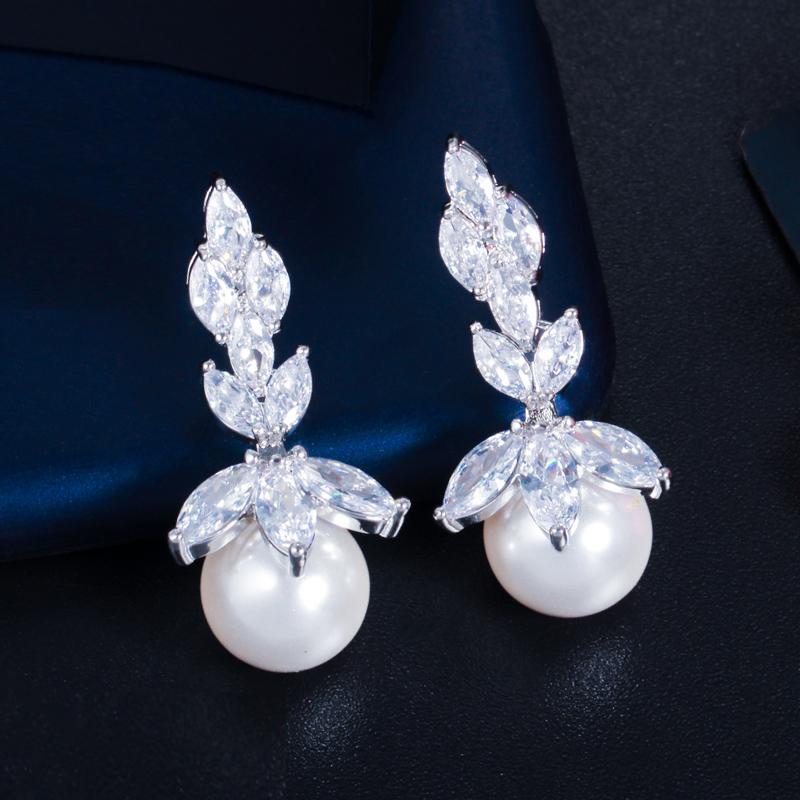 Ircons Top Quality Bling Marquise Cut Cubic Zirconia Stone Big Wedding Party Pearl Drop Earrings Jewelry for Women CZ131