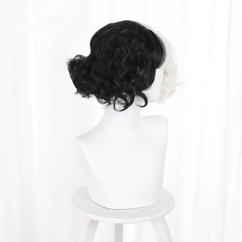 Cruella De Vil Kuila Half Black Half A Hundred Small Short Curly Cos Synthetic Wig Caps for Making Wigs Danganronpa