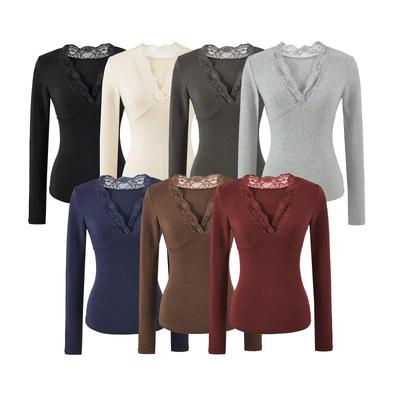 T-shirt à manches longues en patchwork de dentelle à col en V plongeant ajusté pour femme 2026