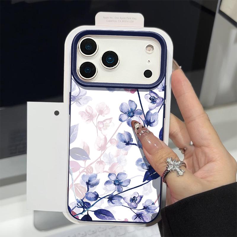 

Oil Painting Flower Pattern Case For iPhone 17 Pro Max iPhone 16 15 14 13 Pro Max 11 17e 16e Luxury Leather Texture Soft Silicone Matte Cover iPhone 14 темно-синього кольору