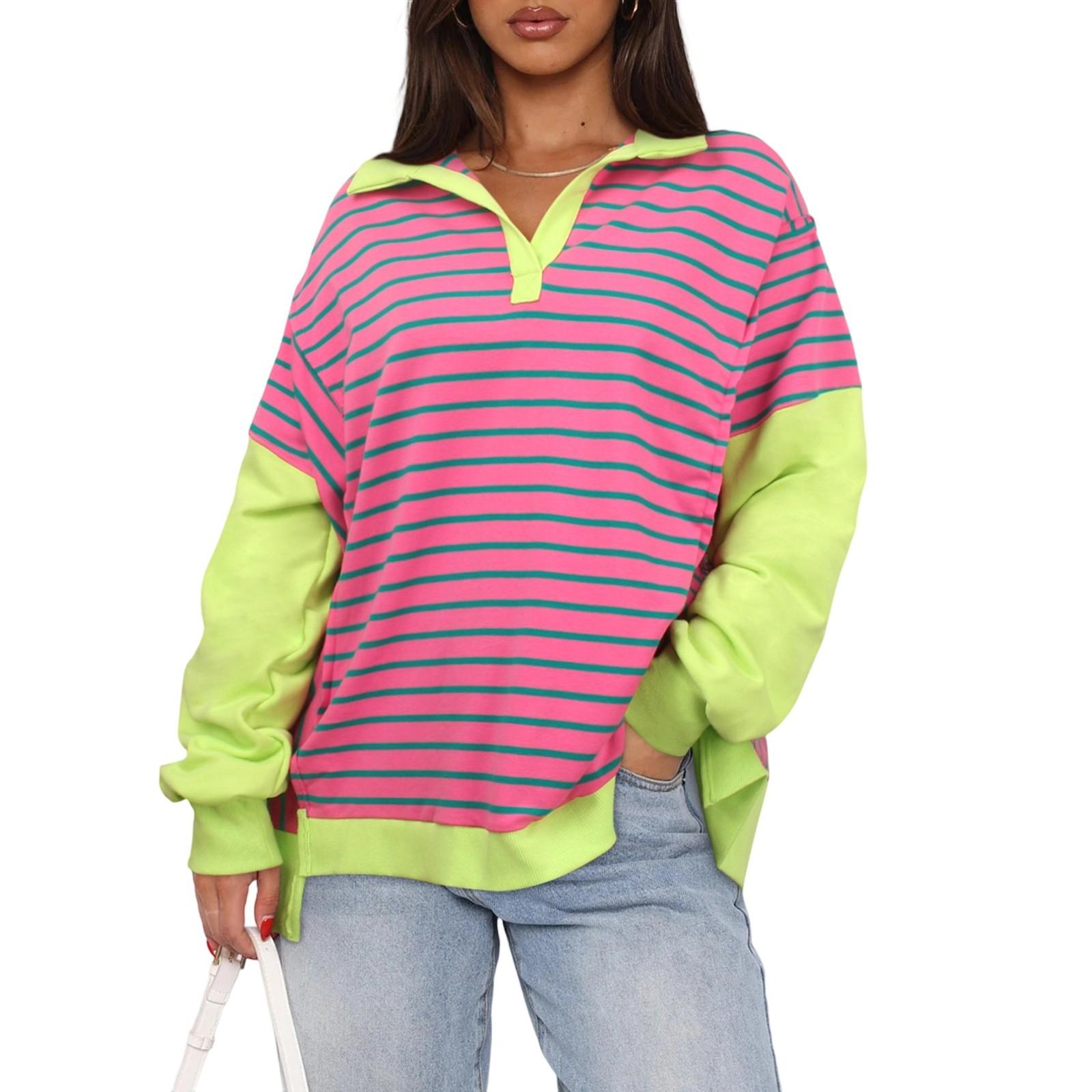 

Women s Oversized Striped Color Blocking Long Sleeved Round Neck Sports Shirt Casual Loose Fitting Pullover Shirt Top S зелёный