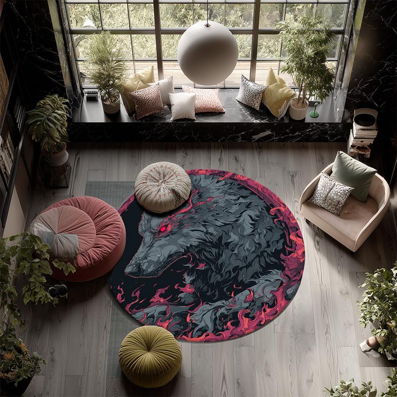 Flame Fox and Wolf,Round Area Rug,Carpet Rug for Living Room Bedroom Sofa Playroom Decor,Non-slip Floor Mat