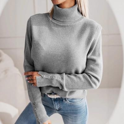 Damen Dehnbarer Eleganter Herbst- und Winter-Revers-Pullover Einfarbig Knopf-Pullover-Oberteil