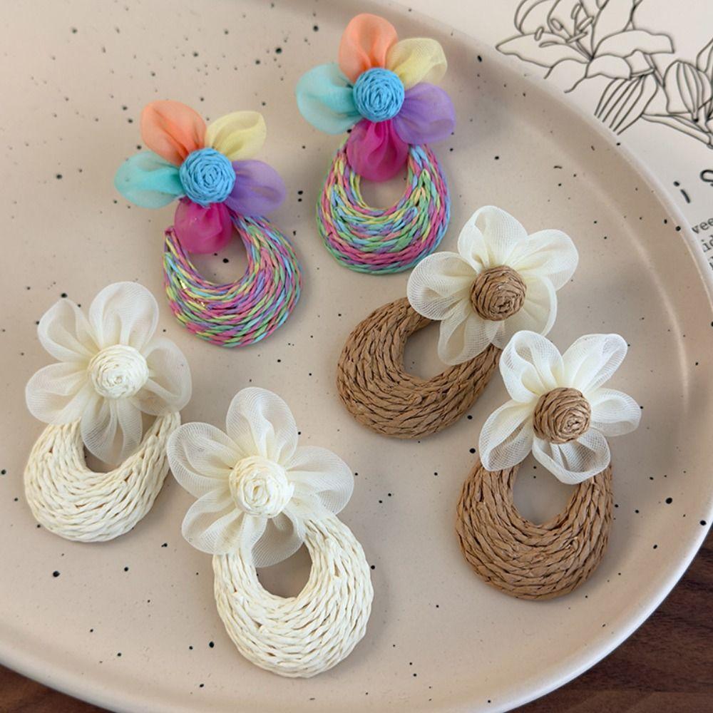 U-shaped Mesh Flower Earrings Hook Piercing Beach Drop Earrings Straw Weave Earrings  Party