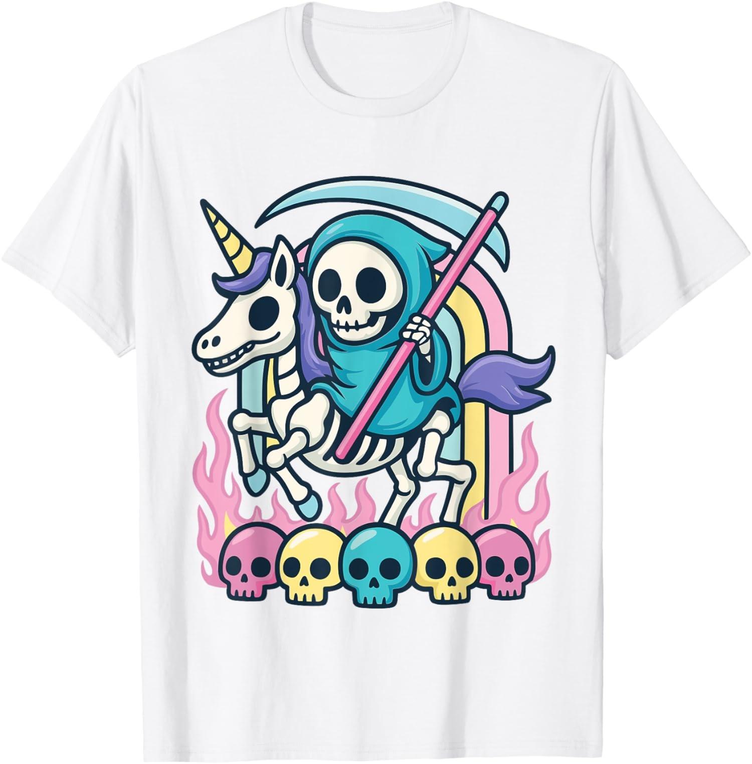 Grim Reaper Riding Skeleton Unicorn Halloween Unisex T-Shirt S