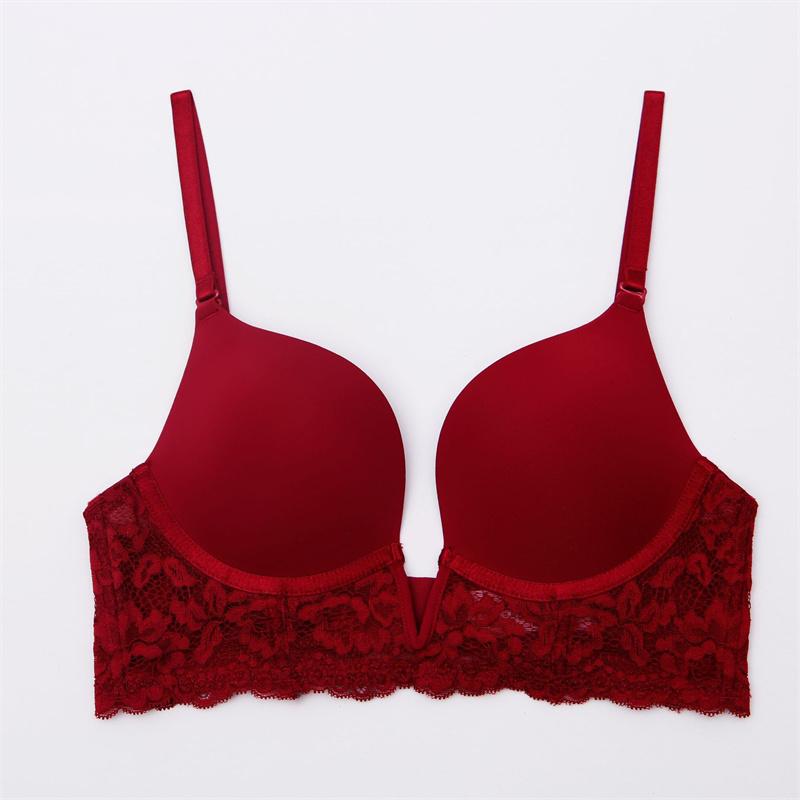 French Sexy Bra Deep V Seamless Underwear Women Lace Embroidery Push Up Bras Summer Detachable Strap Backless Brassiere