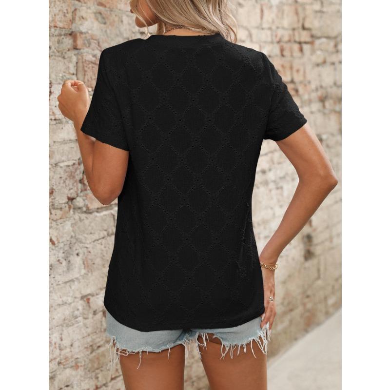 Summer Round Neck Short Sleeved Imitation Embroidery Flower Jacquard Top T-shirt for Women Shirt