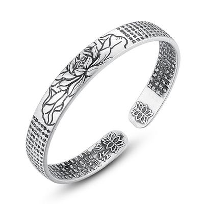 Bracelet de bijoux de style ethnique, bracelet réglable à ouverture rétro Sutra bouddhiste pour femme, bracelet en argent avec mantra de grande compassion et Sutra du cœur de Lotus