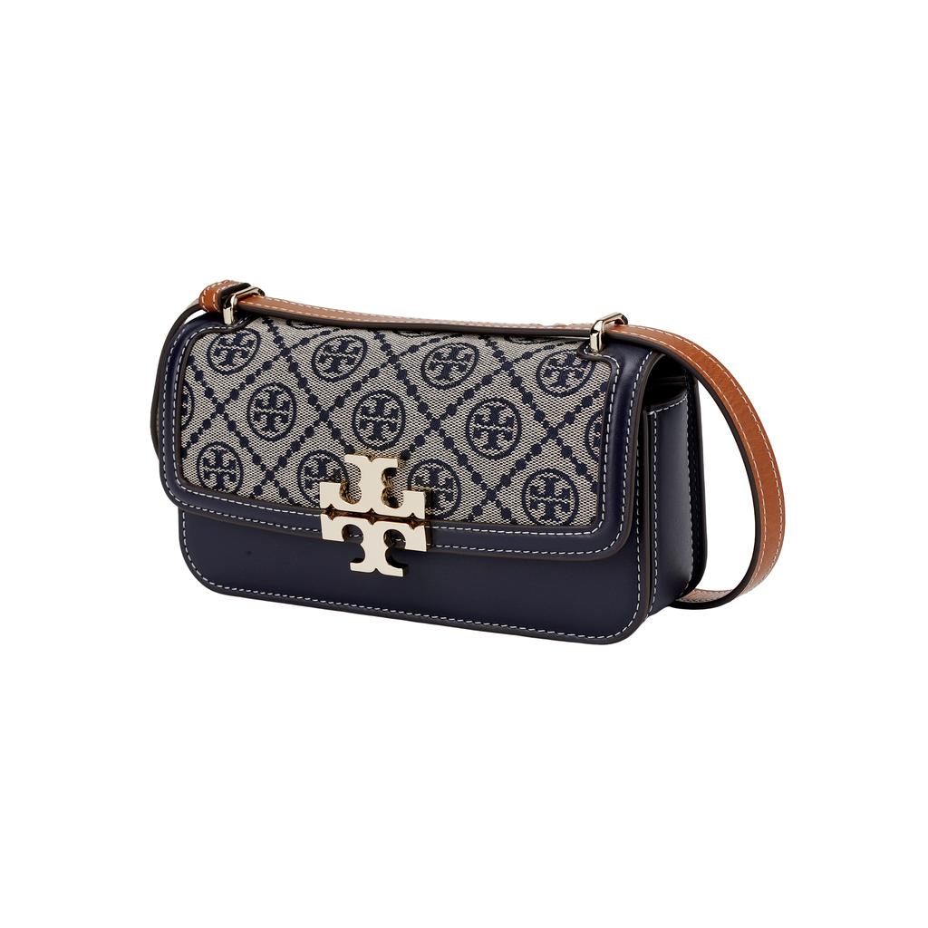 Tory Burch Eleanor T Monogram Logo Magnetic Closure Jacquard And Leather Crossbody Shoulder Bag Small Women Bags Navy-Blue 159013-405
