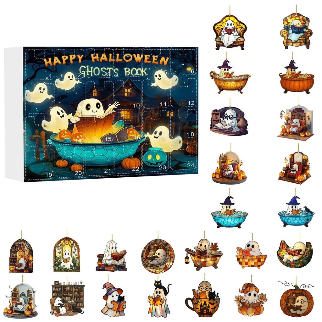 Lesender Geist Acryl Flachanhänger Set Halloween Dekorationen 24 Stile Geist Lesen 2D Ornament 24-Tage Countdown Sammlerstück