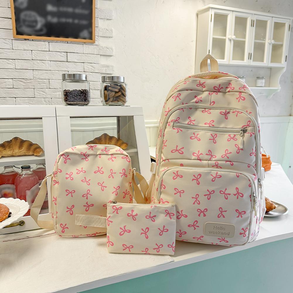 Bow Print Women Large Capacity Backpacks Lightweight Simple Student Schoolbag Female Bag Three-Piece Set