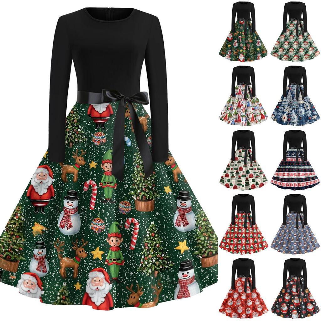 Women's Casual Fashion Christmas Print Round Neck Vintage Dress for Holiday Parties