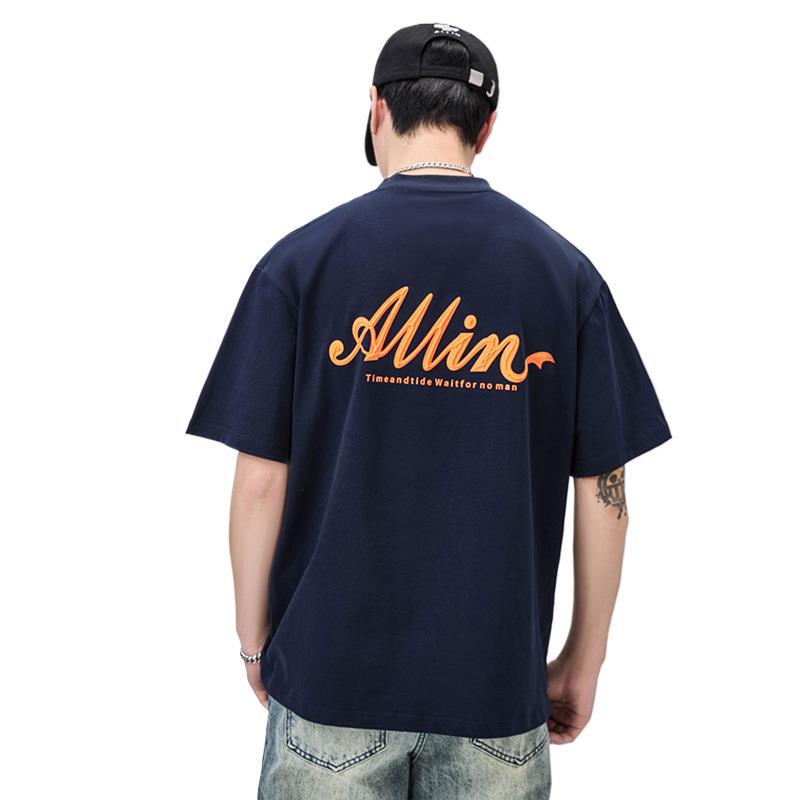 New Summer Letter Printed Short-sleeved T-shirt for Men's Loose Round Neck Half-sleeved Heavy Cotton T-shirt