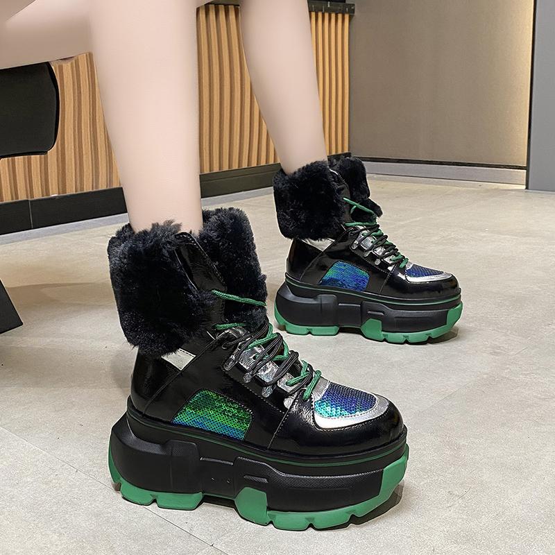 Fashion Fashion Women Chunky 8CM Platform Motorcycle Boots White Lace Up Thick Bottom Shoes Woman Autumn Winter Ankle Botas De Mujer