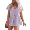 Summer Women's Short Sleeved V-neck Cotton Leprosy Lined Dress Pleated Solid Color Beach Cover Shirt
