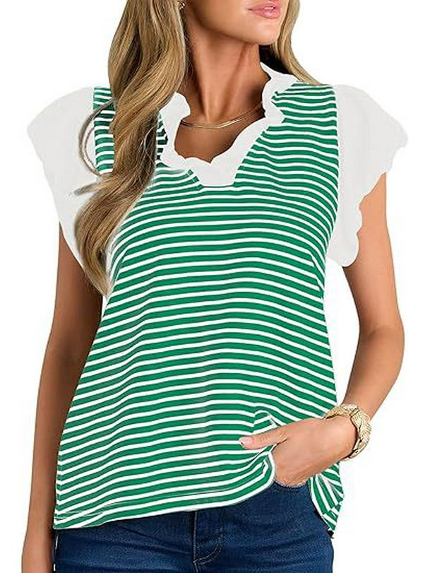 Women s Striped V-neck Patchwork Color Block Short Sleeve T-shirt for Spring/Summer S зелёный