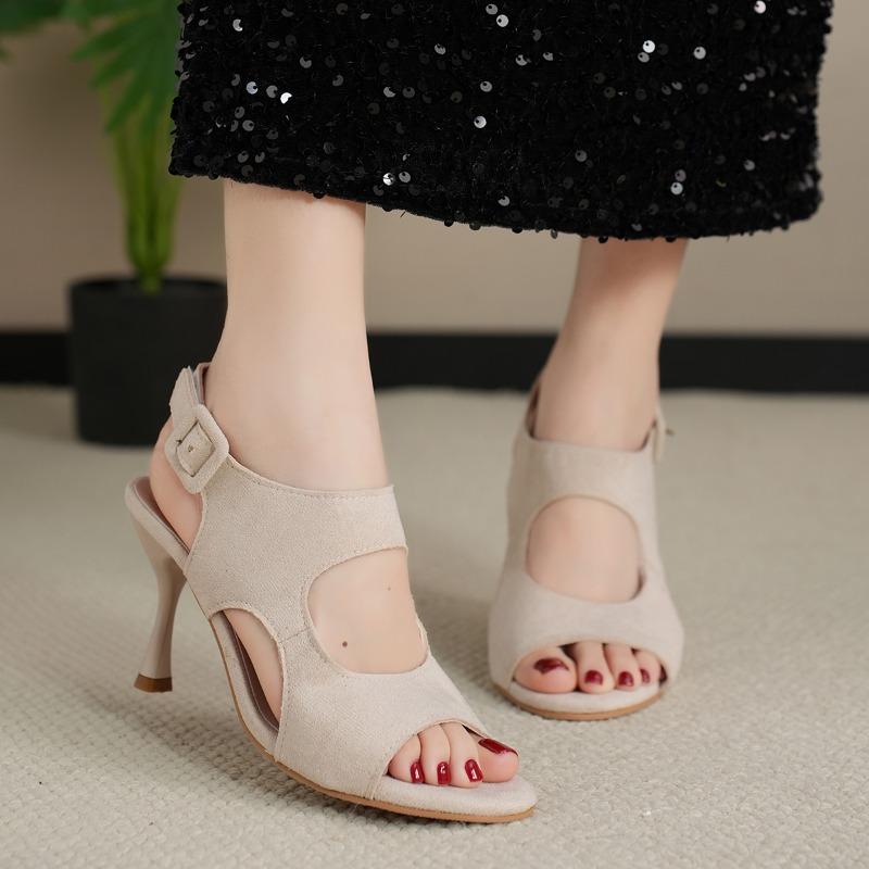 Fashion 2025 Summer New Peep Toe Women's Open Toe Sandals Fashion Party Thin Heels Buckle Strap Shoes Elegant Solid Plus Size Sandals