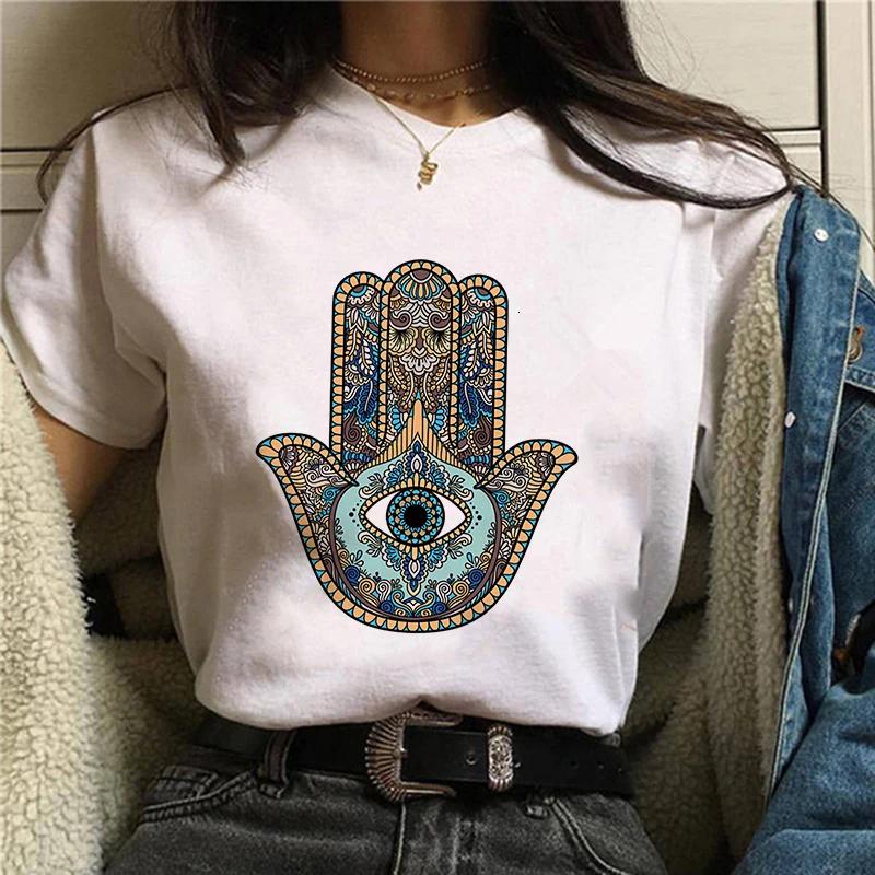 Hamasa Hand der Fatima Print Damen T-Shirts Lucky Hamsa Hand Harajuku Unisex T-Shirts Sommer Kurzarm Schwarzes Top Tees Weiblich
