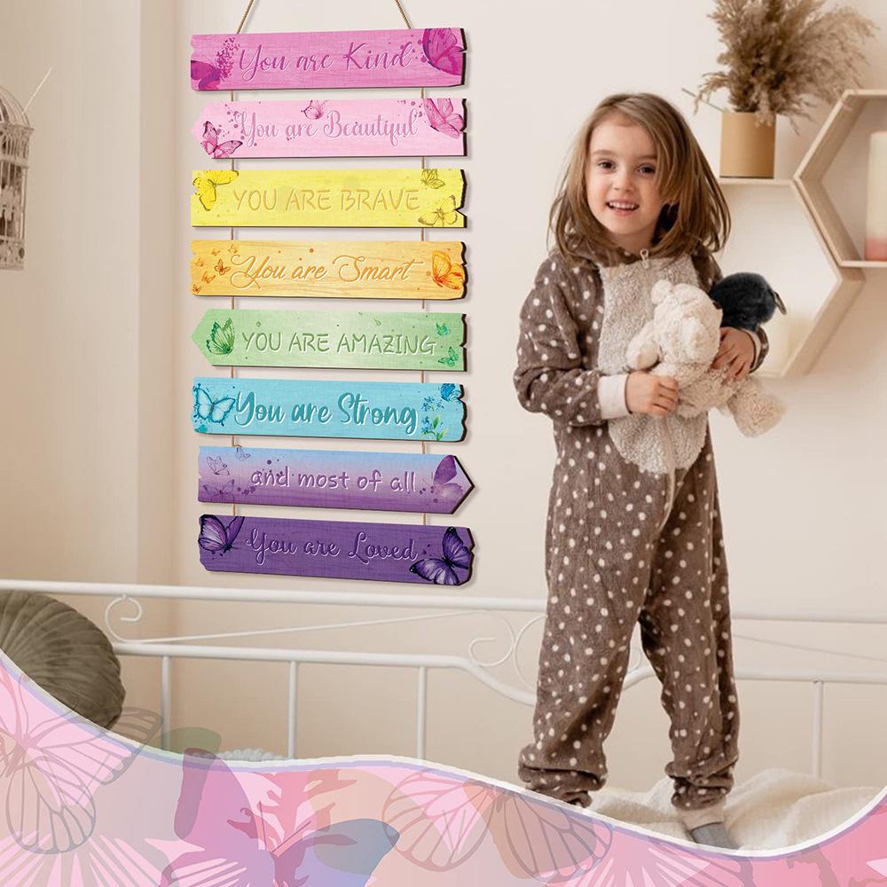 Teen Girl's Motivational Wooden Hanging Sign - Princess, Butterfly, Rainbow Design