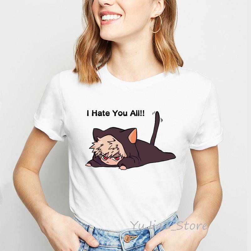 

My Hero Academia Funny Anime Tshirt Women I Hate You All Letter Print T Shirt Femme Harajuku Shirt Kawaii Clothes Female T-Shirt S білий