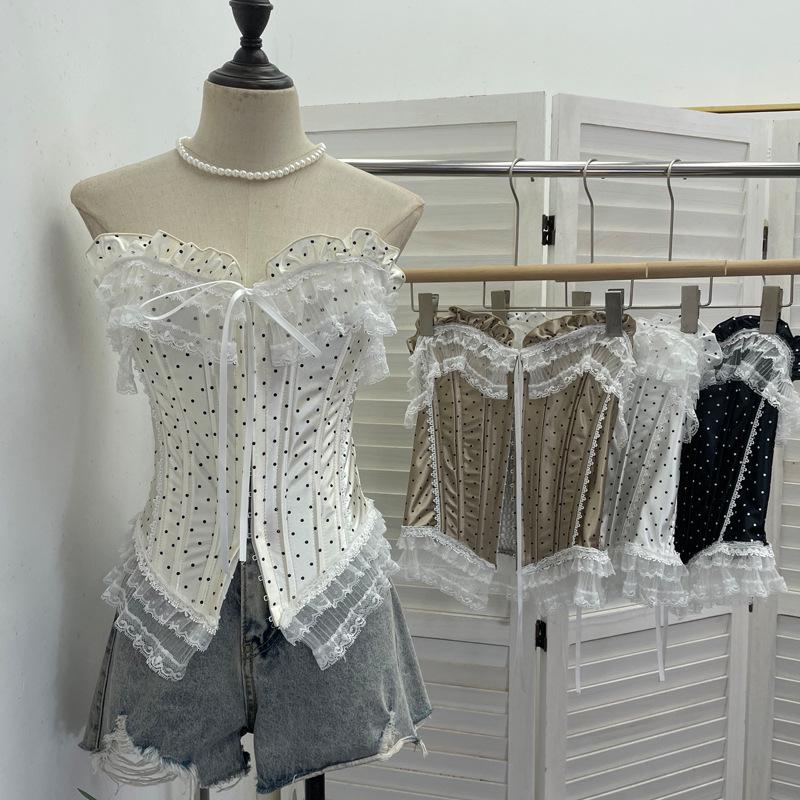 Retro Polka Dot Strapless Lace Trim Crop Top 