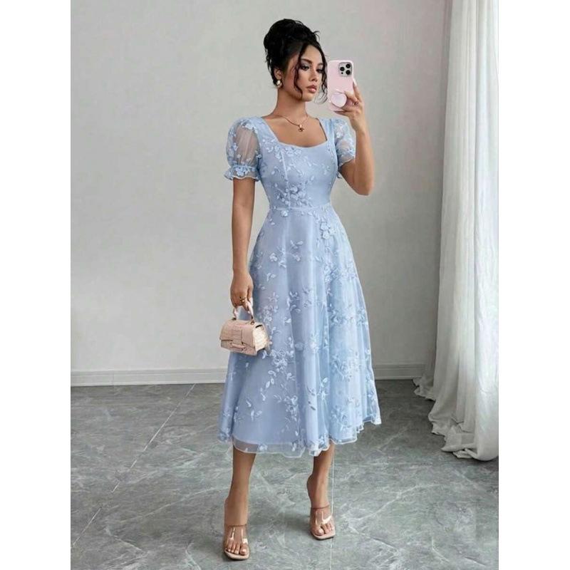 Europe, America 2026 summer new design floral embroidery mesh petal sleeve elegant dress S