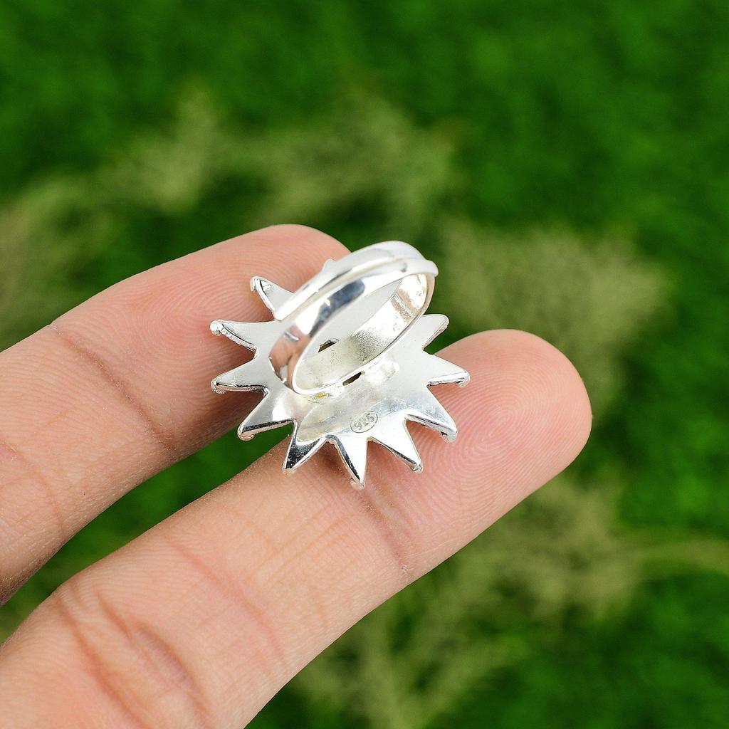 Natural Shiva Eye Shell Gemstone Promise Flower Adjustable Ring 925 Silver