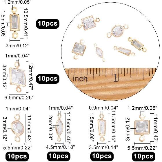 NBEADS 60 Pcs 6 Styles Cubic Zirconia Link Charm, Brass Micro Pave Charms Clear Cubic Zirconia Links, Horse Eye Square Rectangle Trapezoid Round Oval