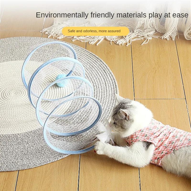 Cat Toys Cat Tunnel Teaser Bite Resistant Self Relief Mouse Feather Lagoon Collapsible Pet Tunnel Toys Cat Supplies