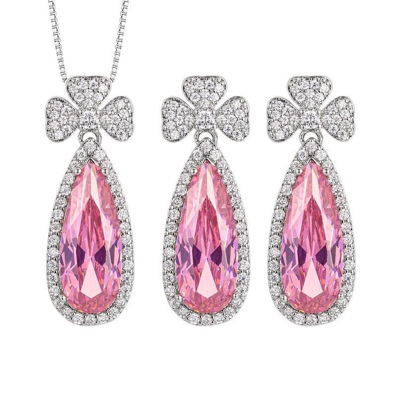 Accessories Set Earrings Necklace Pink Zirconium Paraiba Emerald Droplet Female Light Luxury