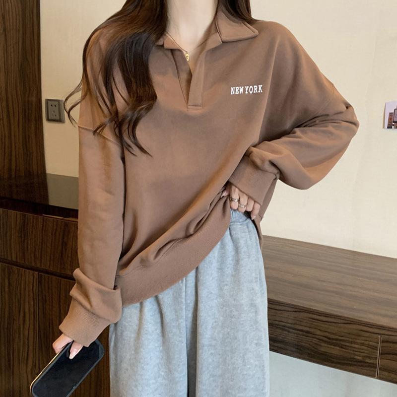 Dünner Langarmpullover mit POLO-Kragen und Buchstabenaufdruck für Frühling und Herbst