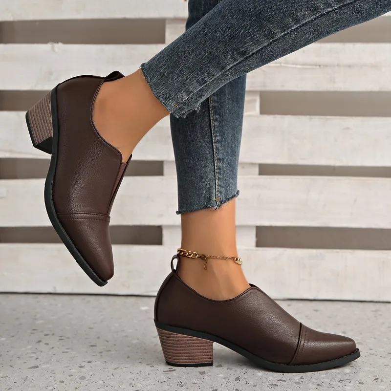Women's British Style Pointed Toe Shoes with Thick Heels Soft Leather Deep Mouth Low Heel Elastic Band Soft Shoes