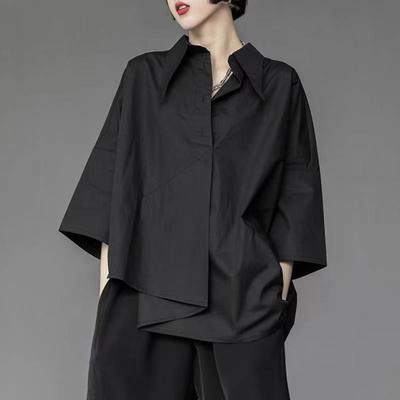 Quarter Large Size Pocket Sleeves Decoration Irregular Shirt Hem Single-breasted Three Solid Color Loose Lapel Summer Shirt