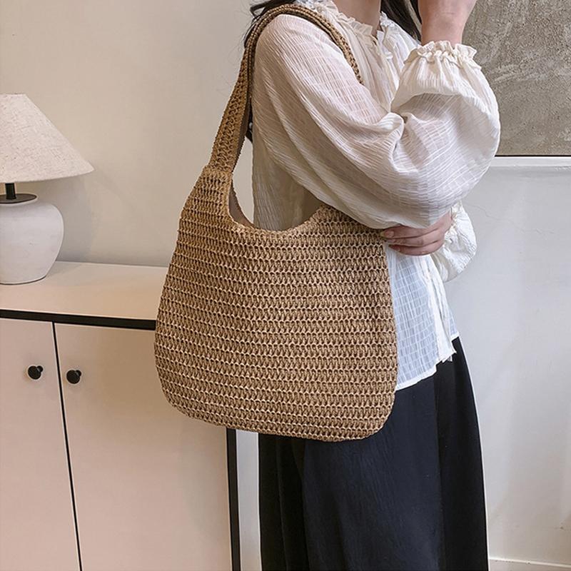 Solid Color Woven Tote Bag Hollow Out Breathable Shopping Straw Bag Lightweight Summer Beach Handbag For Women AVE