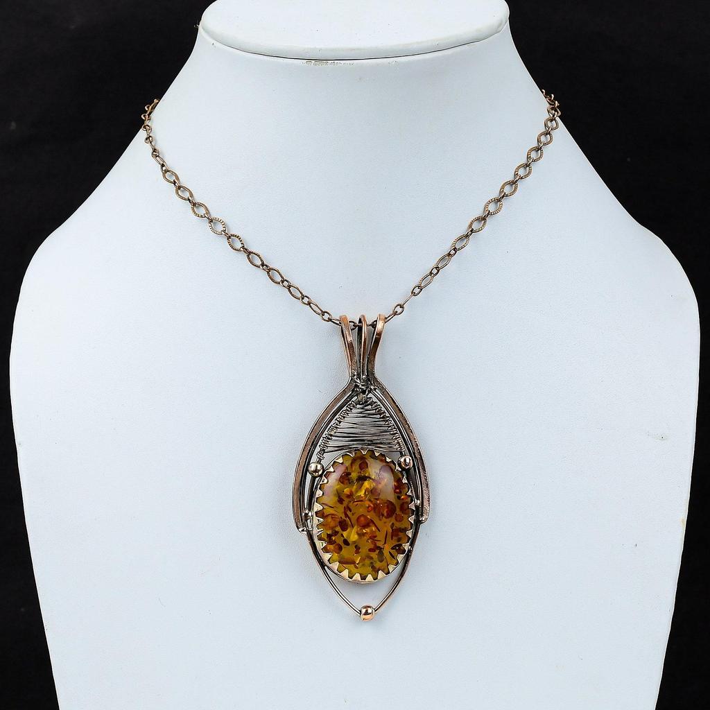 Baltic Amber Gemstone Pure Copper Wire Wrapped Handmade Pendant Jewelry For Her