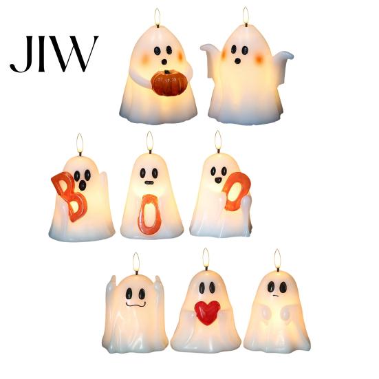 Halloween Tischdekoration Geister-Kerze ohne Flamme, Niedliche Teelicht-Halterung mit BOO-Buchstaben, Plastik-Boo-Schilder, Batteriebetriebenes LED-Flackerlicht