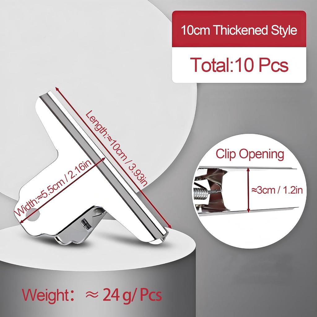 12Pcs 4inch Large Bulldog Clip, Silver Stainless Steel File Binder Clips Clamps Metal Food Bag Paper Clips for Home Office Schoo