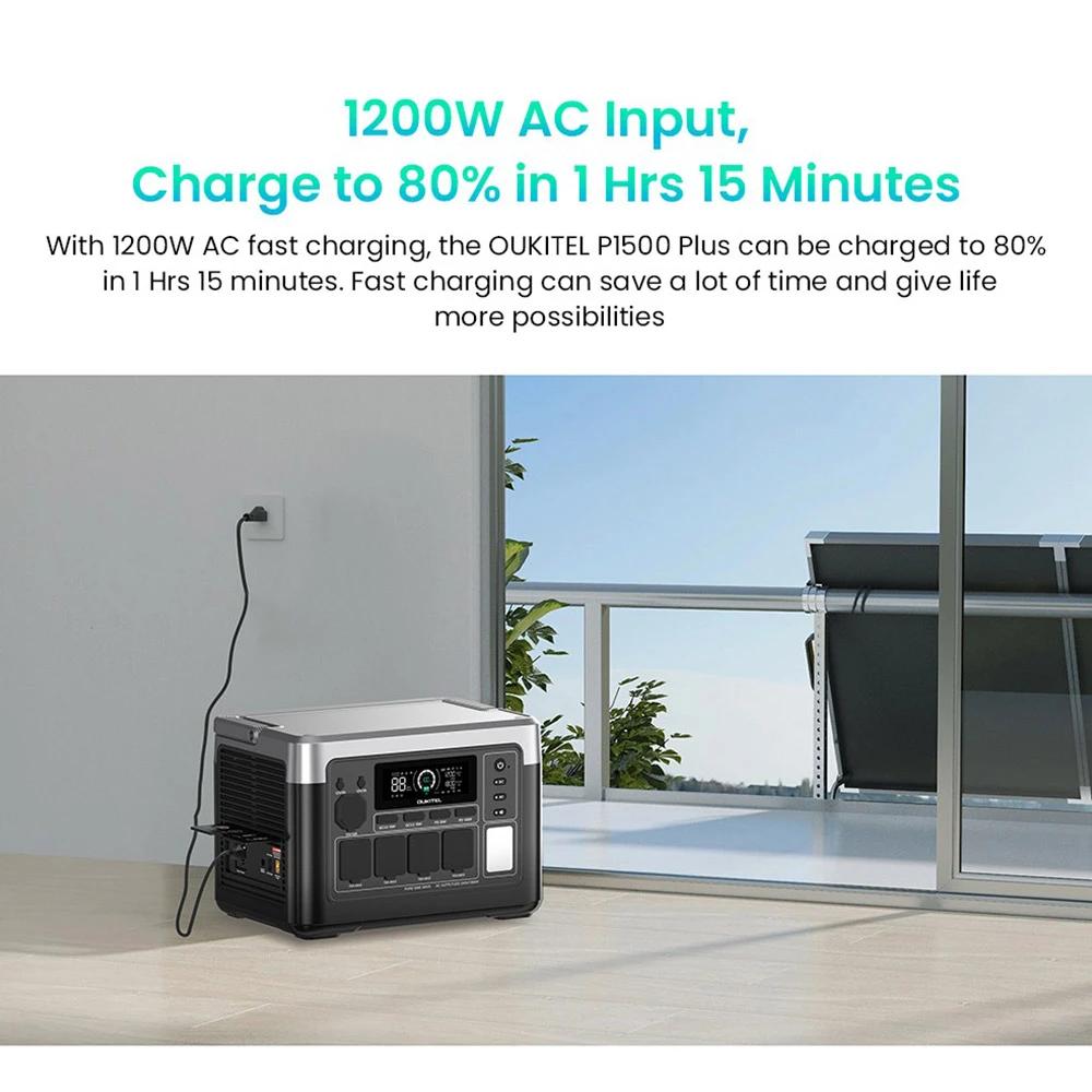 Stazione di alimentazione portatile Oukitel p1500E plus, Potenza nominale 1800W (3600W di Picco), Capacità 1536Wh, Batteria LiFePO4, 4 Prese AC