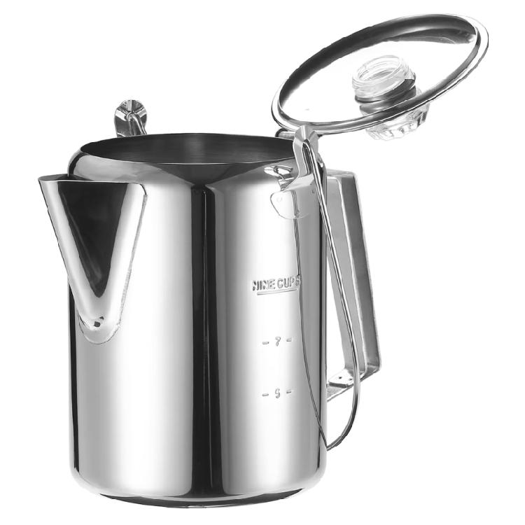Kaffeemaschine mit praktischem Ausgießer, Klappdeckel, 9 Tassen Fassungsvermögen, Edelstahl-Kaffeekanne für Camping und Zuhause