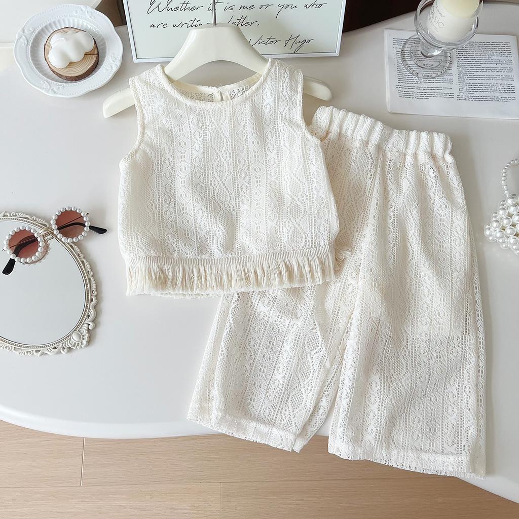 Girls' Summer Outfit New Lace Mesh Floral Vest + Pants Set Cute Girls' Outfit