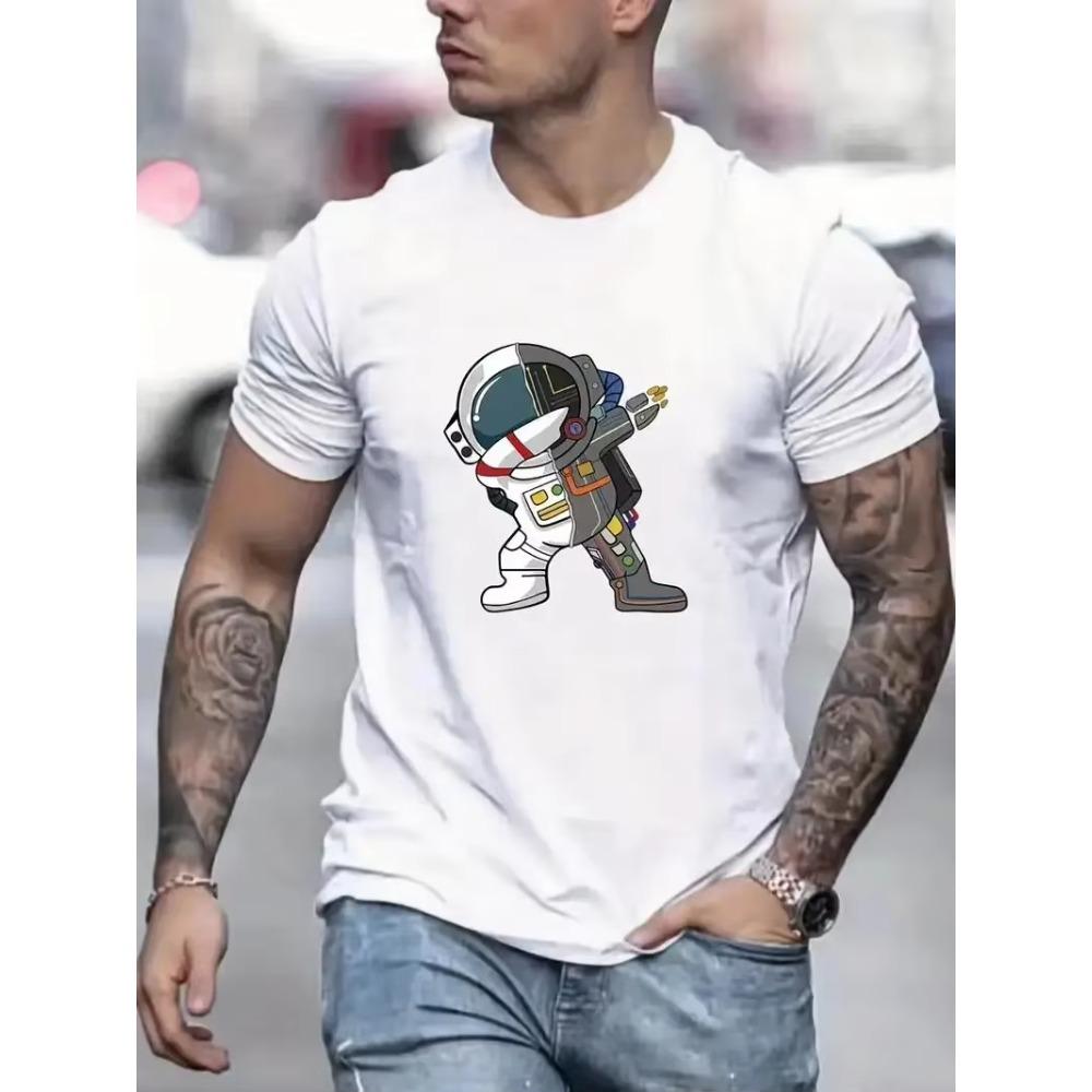 Astronaut In Victory Pose Print T Shirt, Tees for Men, Casual Short Sleeve Tshirt for Summer Spring Fall, Tops As Gifts