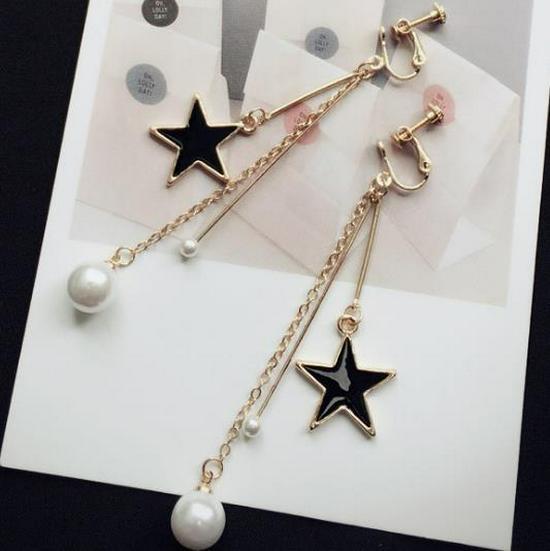 B136 Elegant Japanese & Korean Long Tassel Earrings for Women with Pearl & Star Design