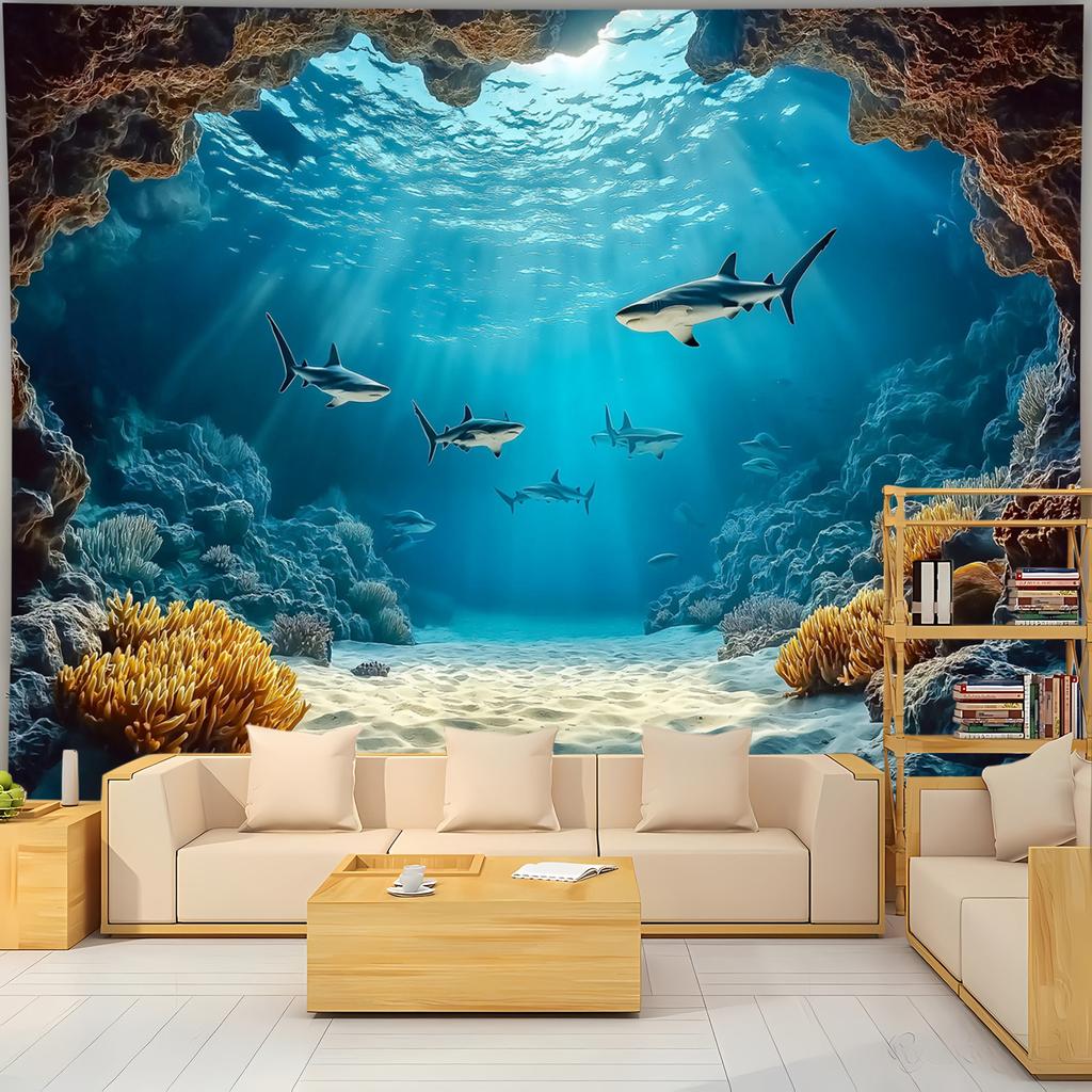 Oceanic Serenity Wall Tapestry For Living Room Decor, Featuring A Stunning Underwater Scene With Graceful Sharks Swimming