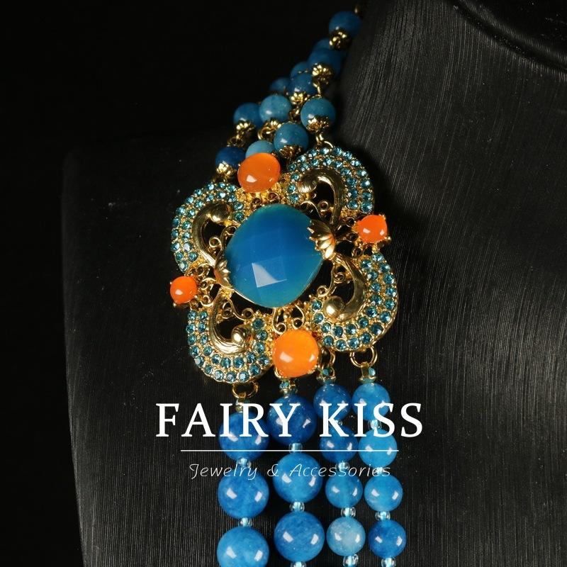 Halskette Armband Set Blaue Steine Perlen Mehrschichtiges Design Diamantbeschichtet Echtsilber Ethnischer Stil Schmuck