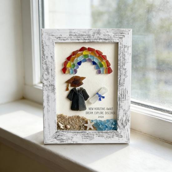 Sea Glass Graduation Art Class of 2026 Keepsake Gift Handmade Sea Glass Wall Art Frame Decor with Rainbow Gift for High School College Graduate